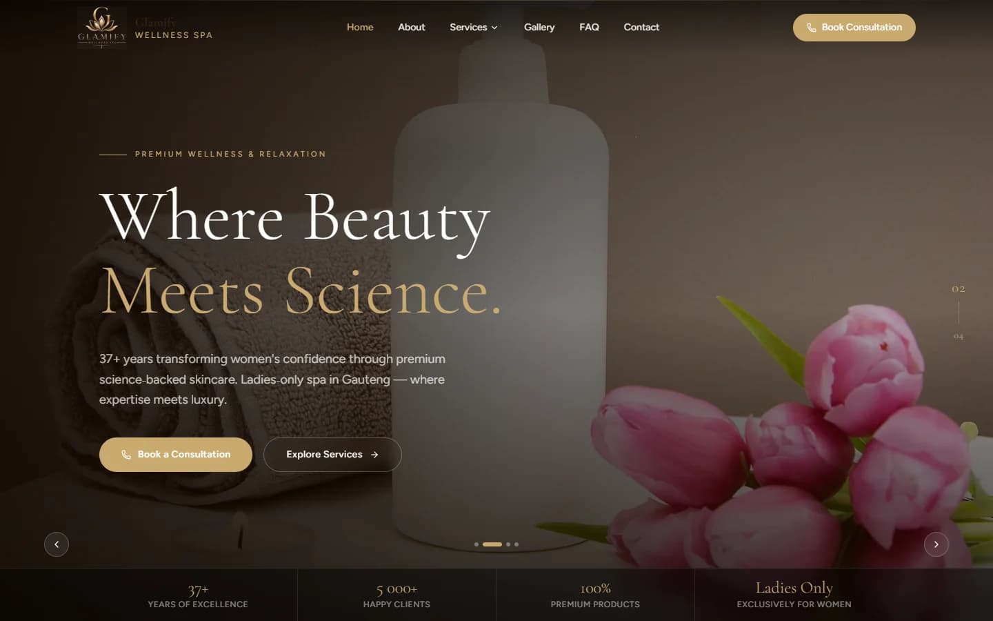 Glamify Wellness Spa homepage: a dark hero with pink tulips and the serif headline “Where Beauty Meets Science”, with “Book a Consultation” and “Explore Services” buttons.
