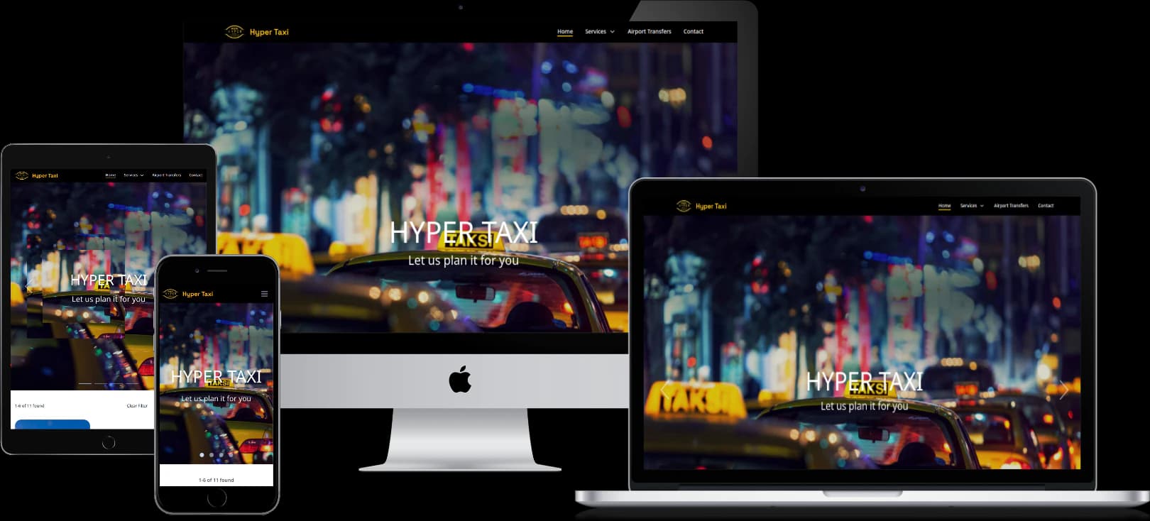 Hyper Taxi website shown on a desktop monitor, laptop, tablet and phone, with a night-time taxi photo and the headline “Hyper Taxi — Let us plan it for you”.