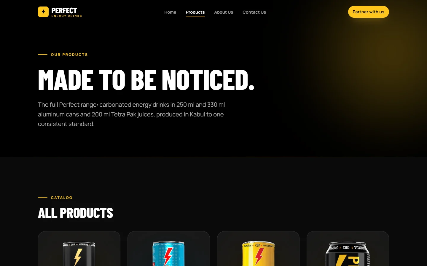 Perfect Energy products page headed “Made to be noticed.”, introducing the range of cans and juices above the start of the product catalogue.